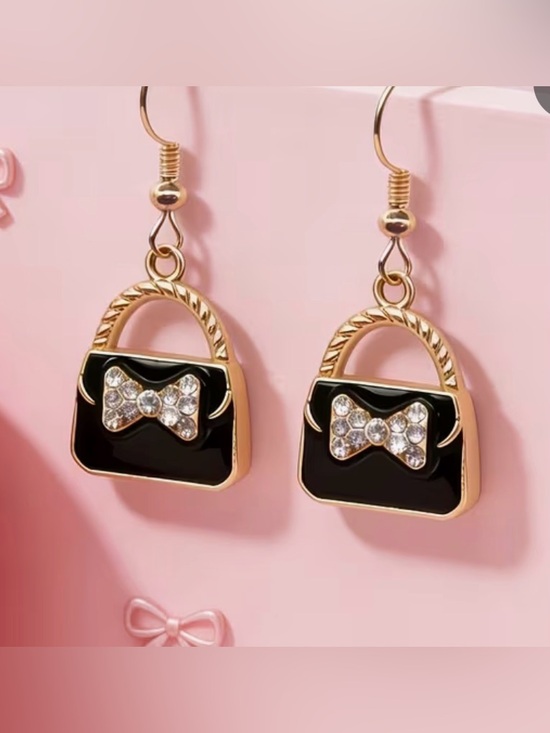 Handbags - Elegant Black Bow Purse Earrings with Gold Accents